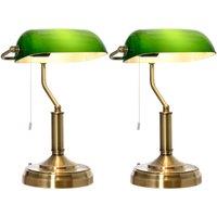 VOGREX Set of 2 Green Banker Table Lamps, Antique Bronze Base