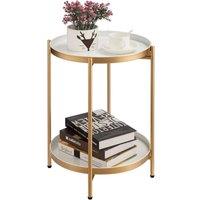 VOGREX Golden Metal Dual-Tier Round Coffee Table Living Room in White