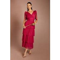 Oasis Women's Tie Shoulder Tiered Mesh Bridesmaid Midi Dress in Berry | Size: 10