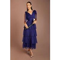 Oasis Women's Tie Shoulder Tiered Mesh Bridesmaid Midi Dress in Midnight | Size: 16