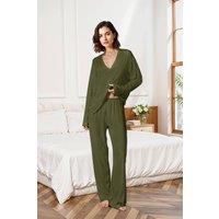 MODISHION Women's Lightweight V-Neck Two-Piece Pyjama Set in Green | Size: Medium
