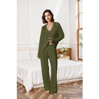 MODISHION Women's Lightweight V-Neck Two-Piece Pyjama Set in Green | Size: Large