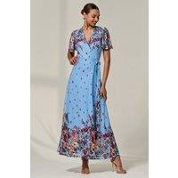 Jolie Moi Women's Floral Mirror Mesh Wrap Maxi Dress in Blue | Size: 12