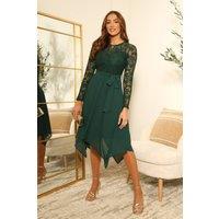 DOUBLE SECOND Women's Lace Long Sleeve Handkerchief Hem Midi Dress in Green | Size: 14