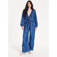 Liquorish Women's Ruffled V-Neck Long Sleeve Top in Blue