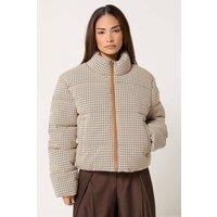 PixieGirl Women's Petite Check Puffer Coat in Natural | Size: 14