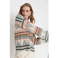WOVCOR Women's Geo Pattern Crew Neck Knit Jumper in Mint | Size: Large