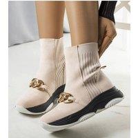 Love Lace Women's Insulated Faux Suede Slip On Boots with Rubber Sole & Chain in Beige | Size: 6.5