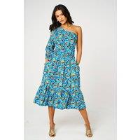 Dals Hart Women's Nina Blue Floral One Shoulder Tiered Midi Dress in Bright Blue | Size: XL