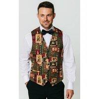 Dobell Men's Green Vintage Christmas Print Waistcoat | Size: 2XL
