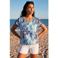 Roman Women's Marine Print Ric Rac Trim Top in Blue | Size: 14