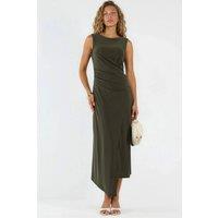 Hiccup Women's Ruched A-Line Midi Dress in Khaki | Size: Small