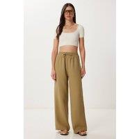 Happiness Istanbul Women's Wide Leg Drawstring Waist Pants with Binding Detail in Khaki | Size: Large