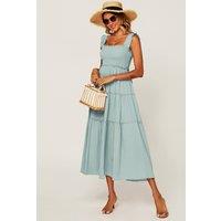 FS Collection Women's Smocked Frill Strap Tiered Midi Dress in Duck Egg Blue | Size: XS