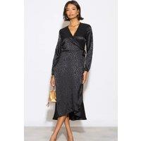 Sarta Women's Black Leopard Print Silky Midi Wrap Dress | Size: Medium
