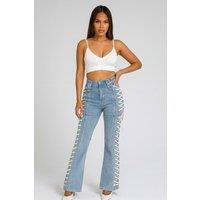 STYLEWISE Women's Side Eyelet Lace Up Detail Denim Jeans in Blue | Size: 6