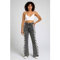 STYLEWISE Women's Side Eyelet Lace Up Detail - Straight - Denim Jeans in Charcoal | Size: 8