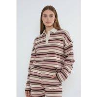STYLEWISE Women's Stripe Rugby Collar Sweatshirt & Trouser Set in Pink | Size: S/M