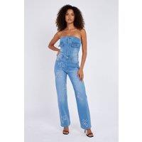 STYLEWISE Women's Cross Patch Bandeau Denim Jumpsuit in Blue | Size: Large