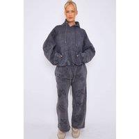 STYLEWISE Women's Crucifix Embroidered Acid Wash Fleece Oversized Co-ord in Charcoal | Size: Medium