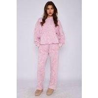 STYLEWISE Women's Crucifix Embroidered Acid Wash Fleece Oversized Co-ord in Pink | Size: Medium