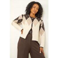 Roman Women's Petite Buttoned Argyle Knit Cardigan in Natural | Size: 16