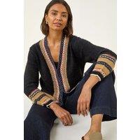 Roman Women's Cross Stitch Detail Knit Cardigan in Black | Size: 14
