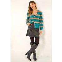 Roman Women's Fluffy Stripe Knit Cardigan in Teal | Size: 14
