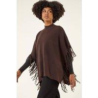 Roman Women's Fringe Hem Knit Poncho in Chocolate | Size: Small