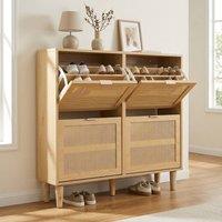 STILVORA Shoe Storage Cabinet with 4 Flip Drawers, Adjustable Shelves, Rattan Design, Light Oak
