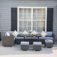OUTSUNNY 10 Pieces Rattan Sofa Set Outdoor Wicker Furniture with Table Stools Cushions in Grey