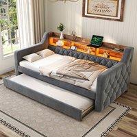 Matteo Space-Saving Velvet Sofa Bed with Storage, LED & USB-C - Grey in Dark Grey | Size: Single