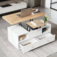 BTM Lift Top Coffee Table with Wheels & Drawers, White & Wood