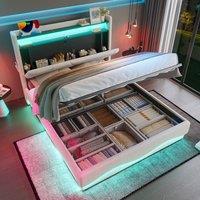 BTM Double LED Hydraulic Storage Bed with Shelves & USB 135x190 Beige