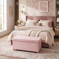 HOMCOM Velvet Upholstered Foldable Ottoman Footrest with Wood Legs, Pink