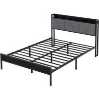 VOGREX Metal Double Bed Frame Linen Upholstered Headboard Storage Platform in Black