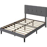 VOGREX King Size Linen Upholstered Bed Frame Wooden Slats & Headboard in Grey