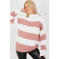 STYLEWISE Women's Striped Print - Funnel Neck - Knitted Jumper in Rose Gold | Size: S/M