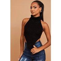 STYLEWISE Women's Halter Roll Neck - Asymmetric Hem - Knitted Crop Top in Black | Size: S/M