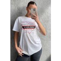 STYLEWISE Women's Heart Graphic Print - Longline Fit - Crew Neck T-Shirt in White | Size: Small