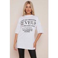STYLEWISE Women's Reveur Print Crew Neck - Oversized Fit - T-Shirt in White | Size: S/M