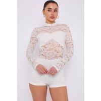 STYLEWISE Women's Lace Detail High Neck - Bodycon Fit - Playsuit in White | Size: 8