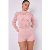 STYLEWISE Women's Lace Detail High Neck - Bodycon Fit - Playsuit in Pink | Size: 8