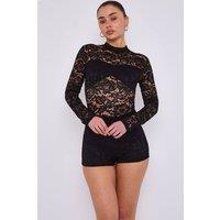 STYLEWISE Women's Lace Detail High Neck - Bodycon Fit - Playsuit in Black | Size: 8