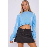 STYLEWISE Women's Crucifix Detail Distressed - Cropped Fit - Knitted Jumper in Blue | Size: S/M