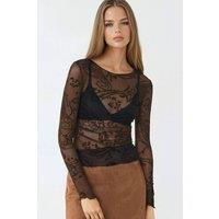 Busem Women's Fitted Long Sleeve Flock Print Tulle Blouse in Black | Size: Medium