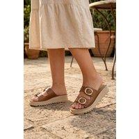 MODISHION Women's Double Buckle Platform Slide Sandals in Brown | Size: 6.5