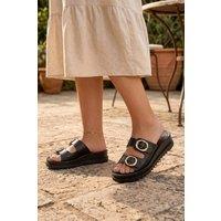 MODISHION Women's Double Buckle Platform Slide Sandals in Black | Size: 5.5