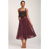 Jolie Moi Women's Print Crinkle Mesh Midi Skirt in Burgundy | Size: 14