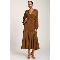 Jolie Moi Women's Long Sleeve Textured Satin Maxi Dress in Brown | Size: 18